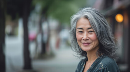 Cute Smiling Woman With Grey Hair. Beautiful Middle-Aged Asian Woman Portrait. Mature beautiful middle aged asian woman, senior older grey haired lady looking at camera. - obrazy, fototapety, plakaty