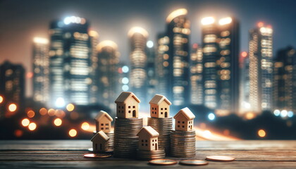 A row of small houses sitting on top of a pile of gold coins. City of light blur and bokeh background. Prosperous Living of investment