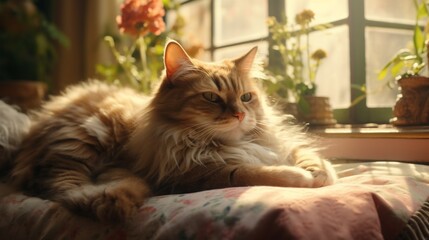 Tranquil scene of a cat resting on a soft pad.