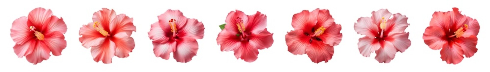 Collection of red and pink hibiscus flowers isolated on a transparent background, top view