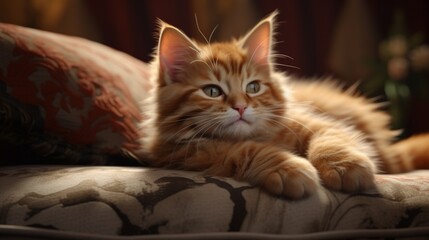 Unperturbed kitty lounging on a plush surface.