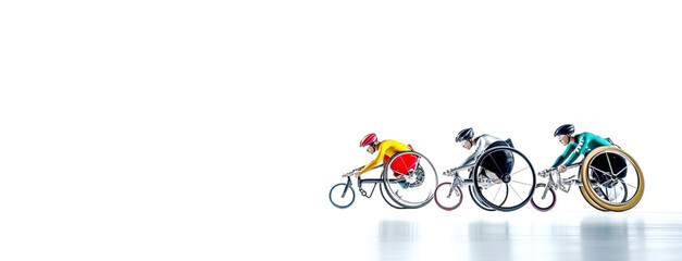 Paralympic athlete on a wheelchair at competitions, white background isolate.