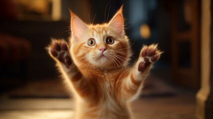 Warm and fuzzy cat reaching out towards the camera lens, radiating an inviting atmosphere.
