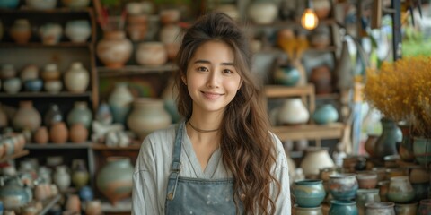 A portrait of an attractive and confident young Asian woman, a seller in a ceramics market. - obrazy, fototapety, plakaty