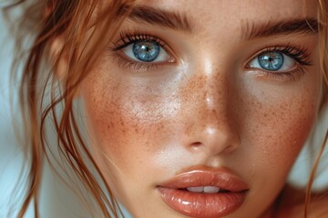 A wellness portrait featuring a freckled woman with glossy lips and a focus on skincare.