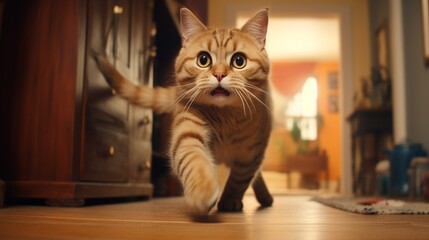 Whimsical cat exploring its surroundings, captured mid-reach towards the lens in a warm household.