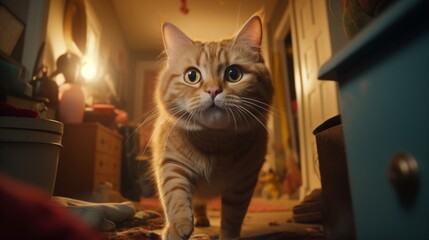 Whimsical cat exploring its surroundings, captured mid-reach towards the lens in a warm household.