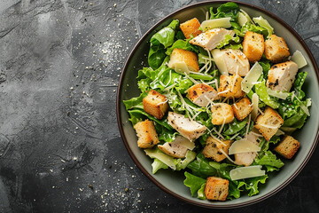 A delicious chicken caesar salad with parmesan cheese, dressing and croutons.