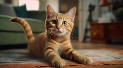 Whiskered companion reaching out to the camera lens, expressing curiosity in a comfortable home setting.