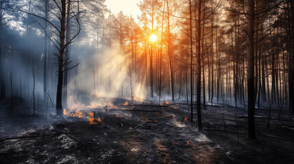 Wild forest fire. Burned trees after forest fires, lots of smoke. Natural disasters concept. Generative AI