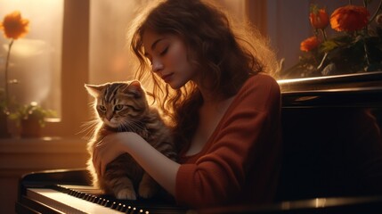 With a soft melody playing in the background, a young woman and her cat create a harmonious moment, their connection a silent duet of love.