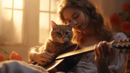 With a soft melody playing in the background, a young woman and her cat create a harmonious moment, their connection a silent duet of love.