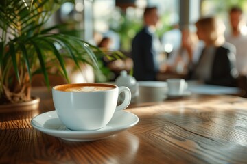 Business people standing around a table with coffee