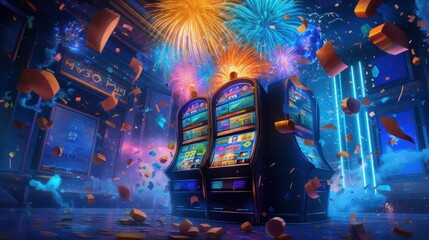 AI generated illustration of fireworks over a casino machine with confetti in the air