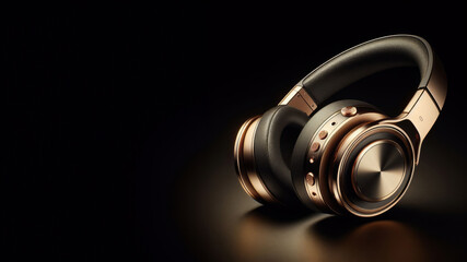 High-end black and gold wireless headphones with a sleek design and superior sound quality on a dark background.
