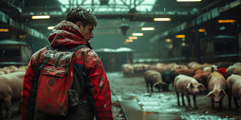 A man stands on a large pig farm in a gloomy gray environment. - obrazy, fototapety, plakaty