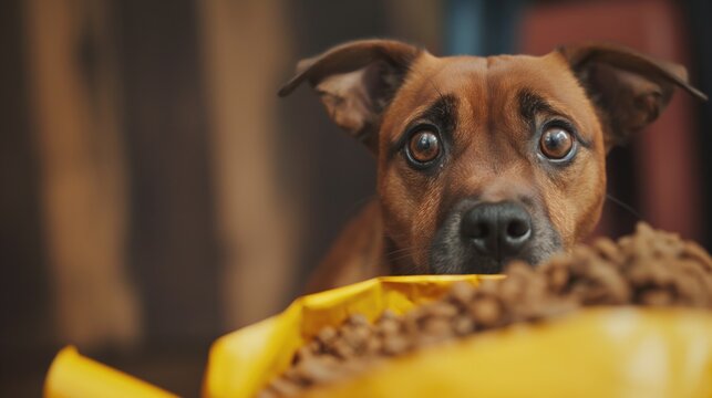 A Dog With Bulging Eyes Looks At A Large Bag Of Dog Food