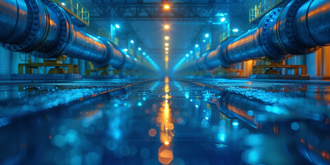 Industrial landscape, large pipes stretching into the distance. - obrazy, fototapety, plakaty