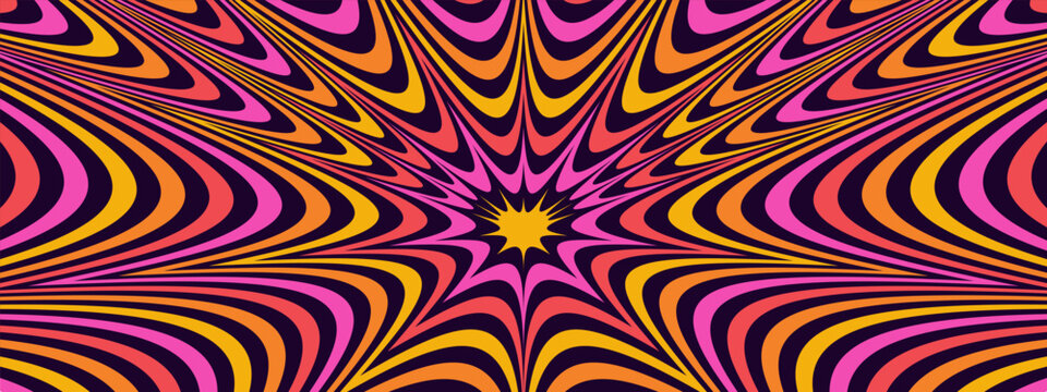Hypnotic dynamite explosion tunnel horizontal banner background. Trendy groovy style bright anime manga comic explosive background. Psychedelic 70s cartoon banner. Cute retro abstract y2k backdrop