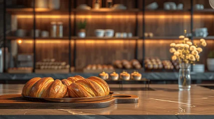 Foto op Aluminium Empty wooden table with blurred background of bakery shelf in cafe for product montage. There is fresh pastry on the table. © Сергей Дудиков