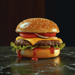 Cheeseburger vor dunklem Hintergrund