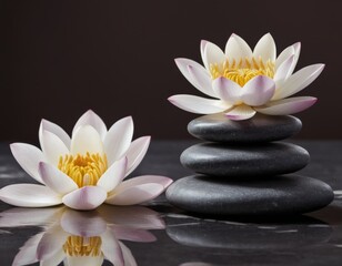 Natural flower with stones with reflection on a black background. AI generated.