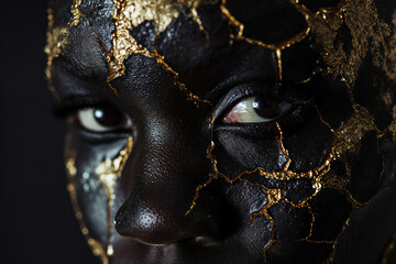 Golden Masked Beauty: A Captivating Portrait of a Young Woman with Abstract Black and Gold Body Paint
