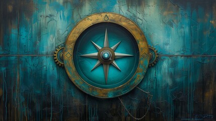 Vintage Nautical Compass Painting on Distressed Blue Background