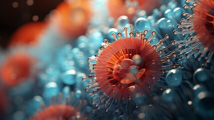 The concept of the new corona virus when magnified using a microscope is an influenza virus. 3D rendering.