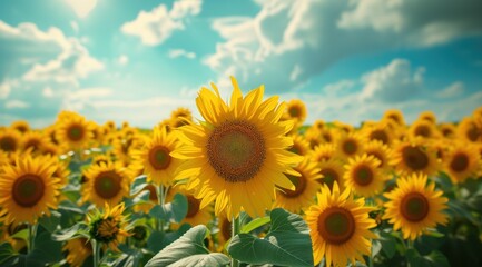 Obraz premium Golden sunflower on field and blue sky stock photo