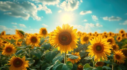 Obraz premium Golden sunflower on field and blue sky stock photo
