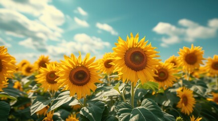 Fototapeta premium Golden sunflower on field and blue sky stock photo