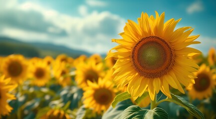 Obraz premium Golden sunflower on field and blue sky stock photo