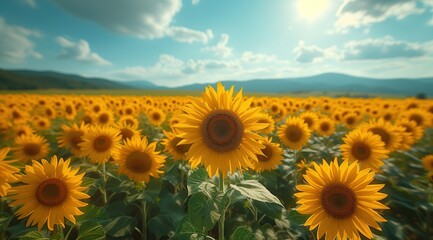 Fototapeta premium Golden sunflower on field and blue sky stock photo