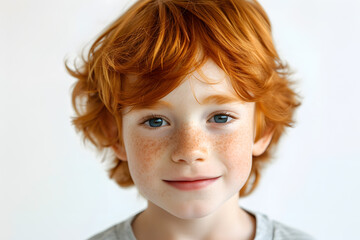 Closeup portrait of pretty ginger hair little boy isolated on white background