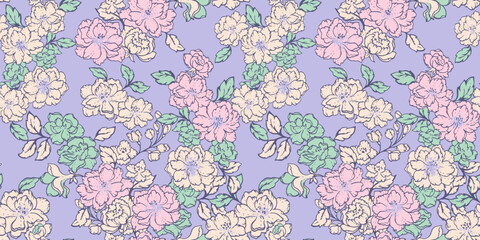 Blooming spring or summer stylized meadow seamless pattern. Abstract creative wild floral patterned on violet background. Vector hand drawn sketch colorful lines, outlines flowers, buds, leaves.