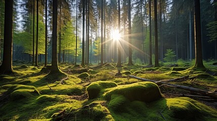 Sun shines through light spruce forest, soil overgrown with moss and fern, mountain range Deister, Lower Saxony Highlands, Niedersachsen, Germany, Europe