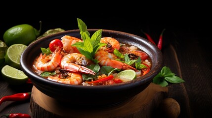 Taste of Thailand: Spicy and Sour Thai Tom Yum Goong Soup with Shrimp and Aromatic Ingredients on Black and Wooden Background