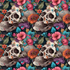 colorful skulls and flowers with lots of details. background. seamless pattern