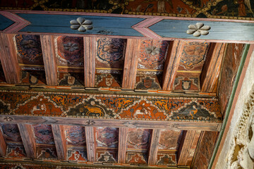 Mudejar coffered ceiling from the 14th century, cloister of Santo Domingo de Silos, Burgos...