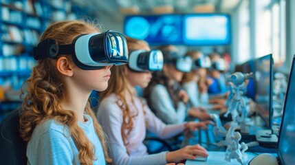Young Learners Embrace Virtual Reality Technology in a Futuristic Classroom.