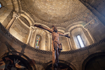 San Martín de Elines, sculpture of Jesus Christ on the apse, Valderredible region, Cantabria, Spain - obrazy, fototapety, plakaty