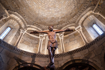 San Martín de Elines, sculpture of Jesus Christ on the apse, Valderredible region, Cantabria, Spain - obrazy, fototapety, plakaty