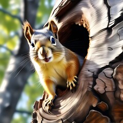 A squirrel emerges from a tree trunk