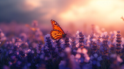 at dawn a beautiful butterfly sits on flowers - Powered by Adobe