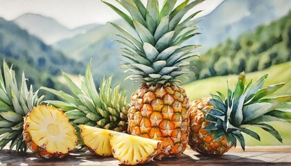 watercolor cute cartoon pineapple bundle on a transparent background - Powered by Adobe