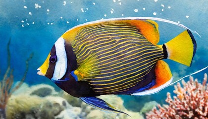 Naklejka na ściany i meble watercolor emperor angelfish underwater world