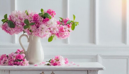 spring pink flowers in vase in white interior