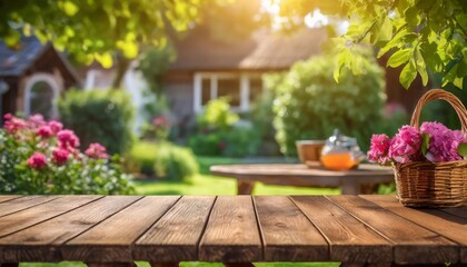 empty sturdy wooden table summer time blurred backyard garden background - obrazy, fototapety, plakaty