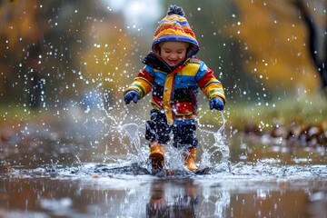 Happy child playing in the rain,  child jumping in rain puddle